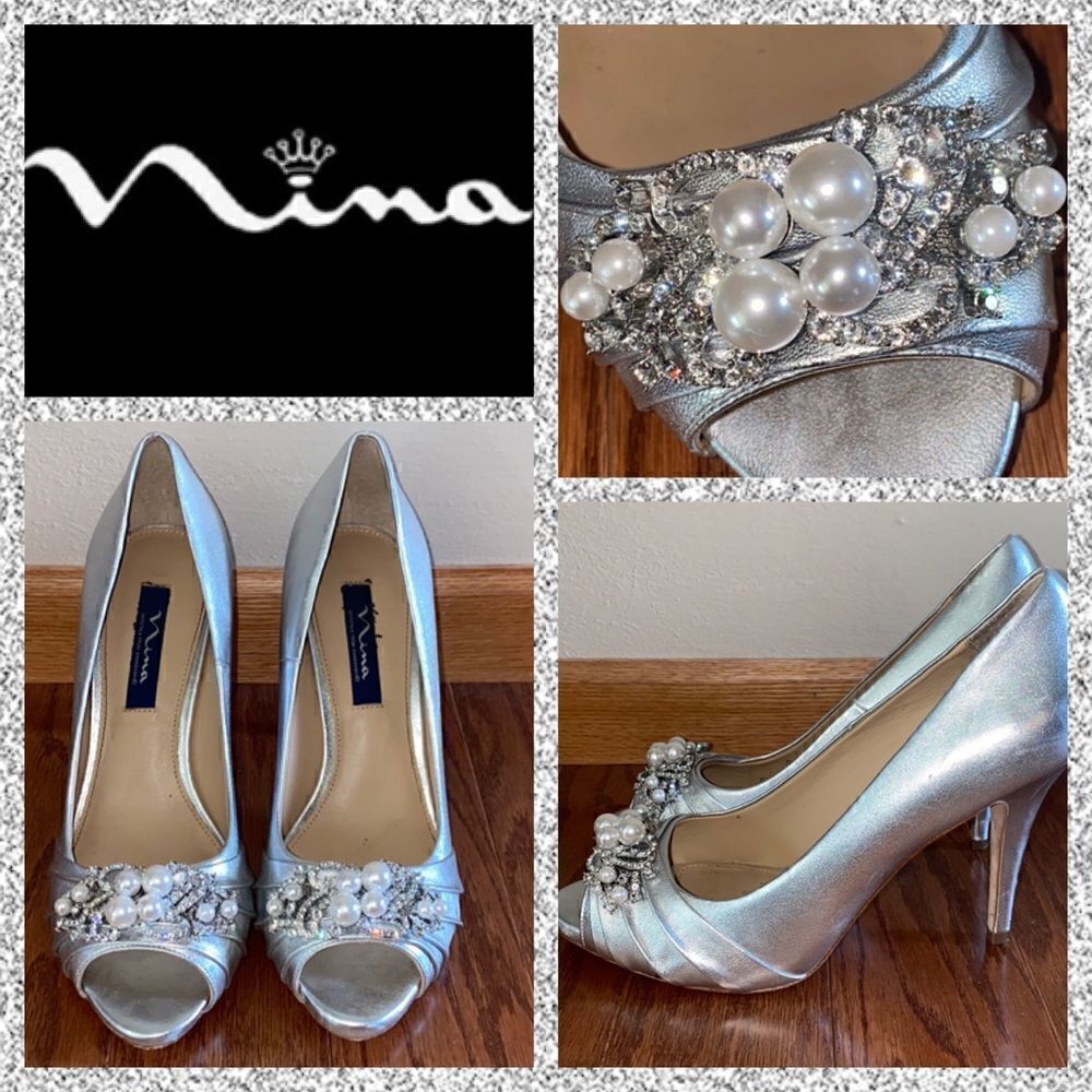 MSRP $125 Nina Swarovski Crystal Silver Heels Women's Size 8.5